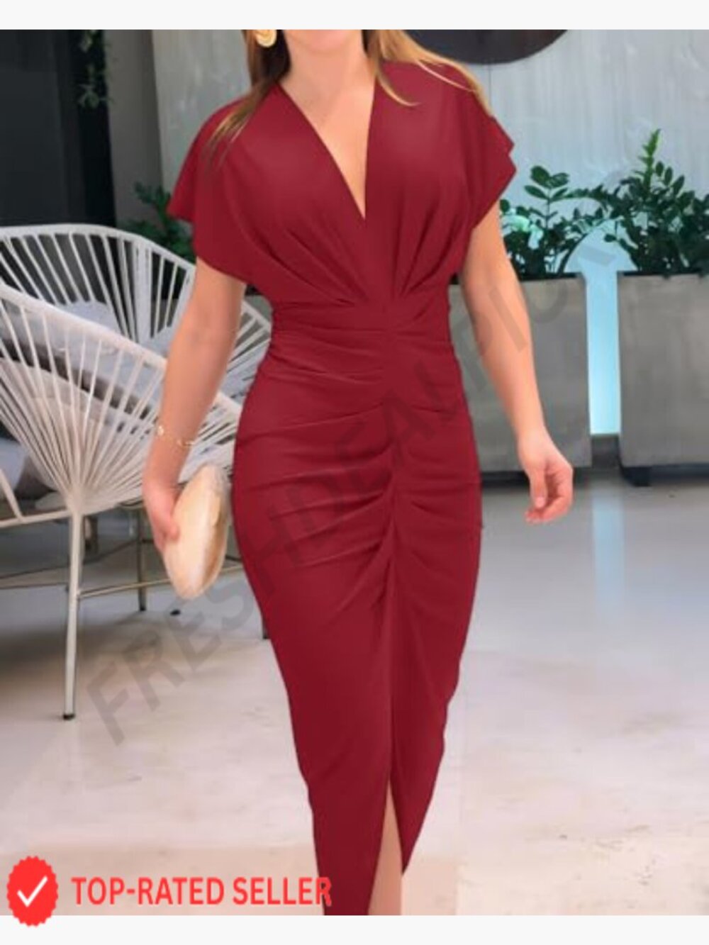 Floral Print Midi Dress Plunge V Neck Ruched Bodycon Slit Casual Party - Picture 5 of 7